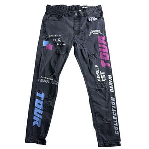 Mens Graphic Distressed Jeans Tour Collection Streetwear Black W32 L37 Punk Fit